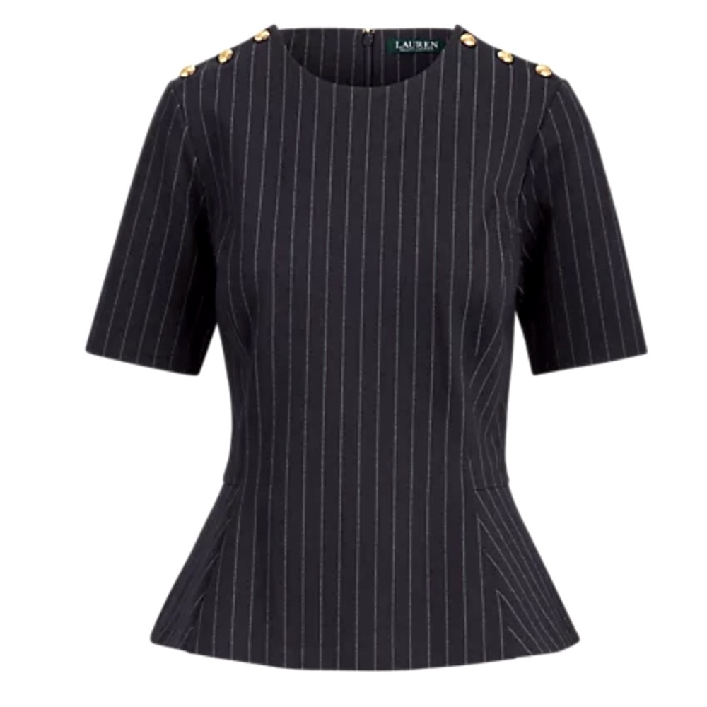 LAUREN (RALPH LAUREN) GREY PIN-STRIPED PEPLUM TOP